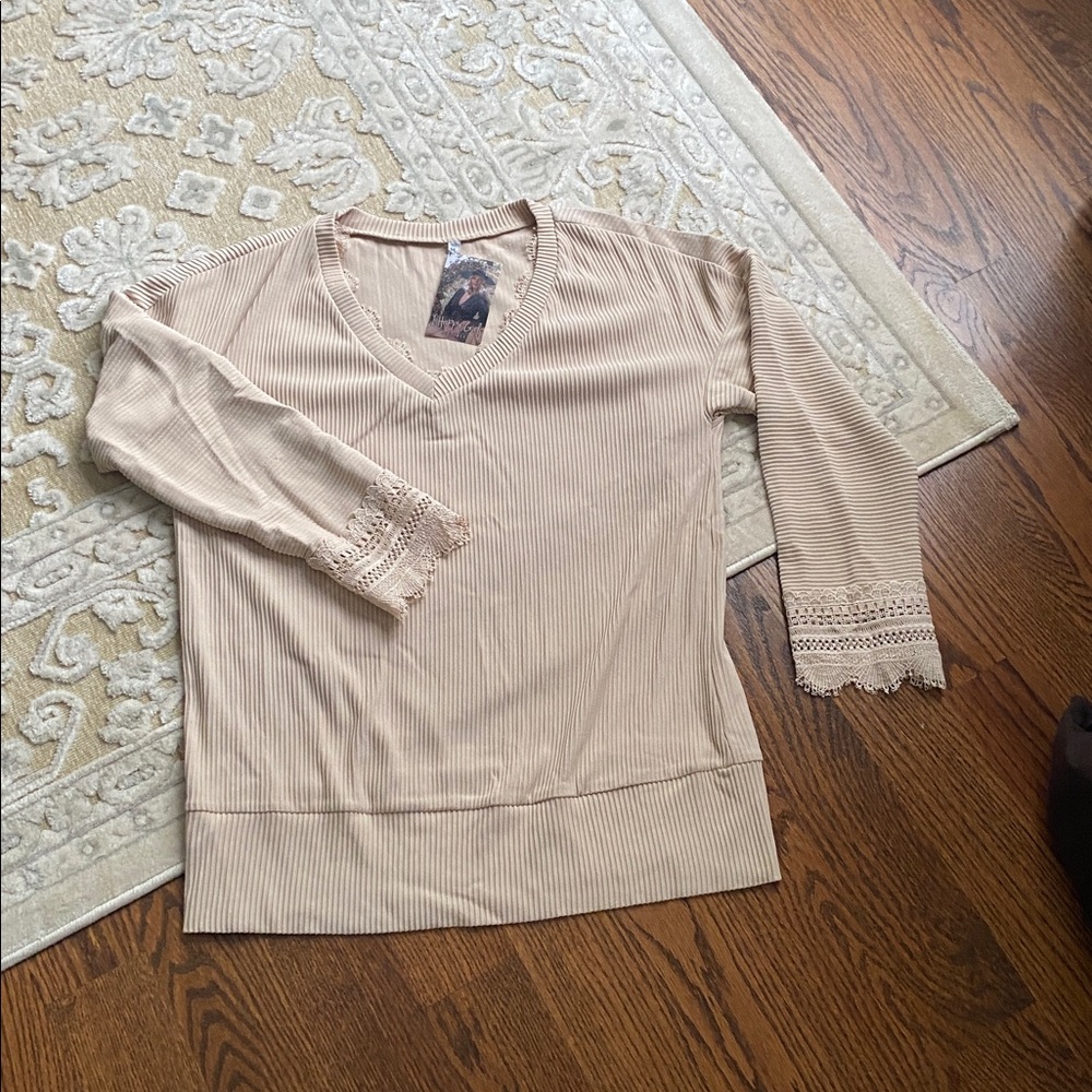 V-Neck Ribbed Long-Sleeve Top in Light Beige